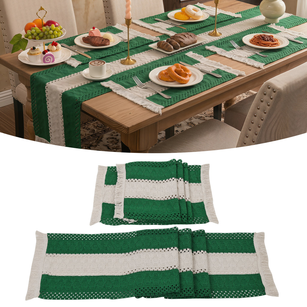 MeyJey 5 Pcs Table Runner and Placemats Set, Washable Fabric Rectangle Dining Table Mats with Tassels for Dining Tables, Kitchen, Green/Beige