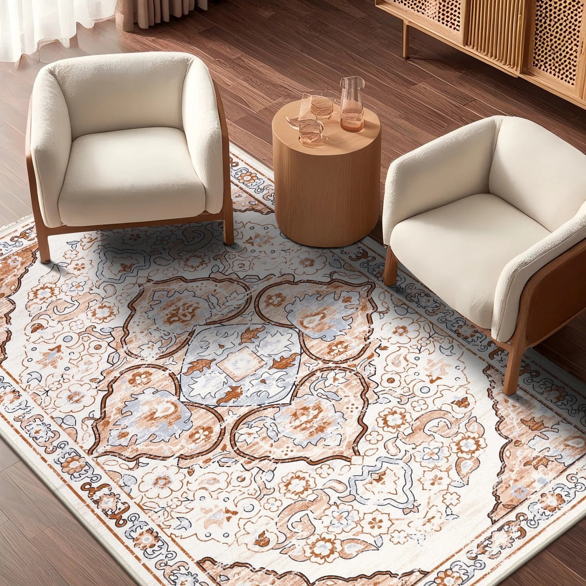 MeyJey Boho Indoor Hallway Runner Rug, Oriental Non Slip Machine Washable Area Rug Distressed Vintage Floor Carpet for Bedroom Kitchen Dinning/Living/Laundry Room, Cream/Orange