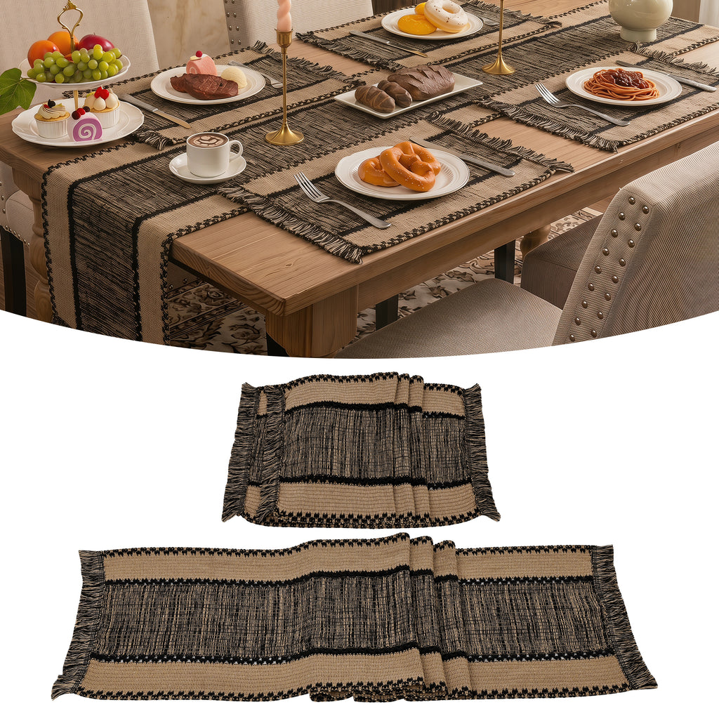 MeyJey 5Pcs Table Runner and Placemats Set, Washable Fabric Rectangle Dining Table Mats with Tassels for Dining Tables, Kitchen, Black/Beige