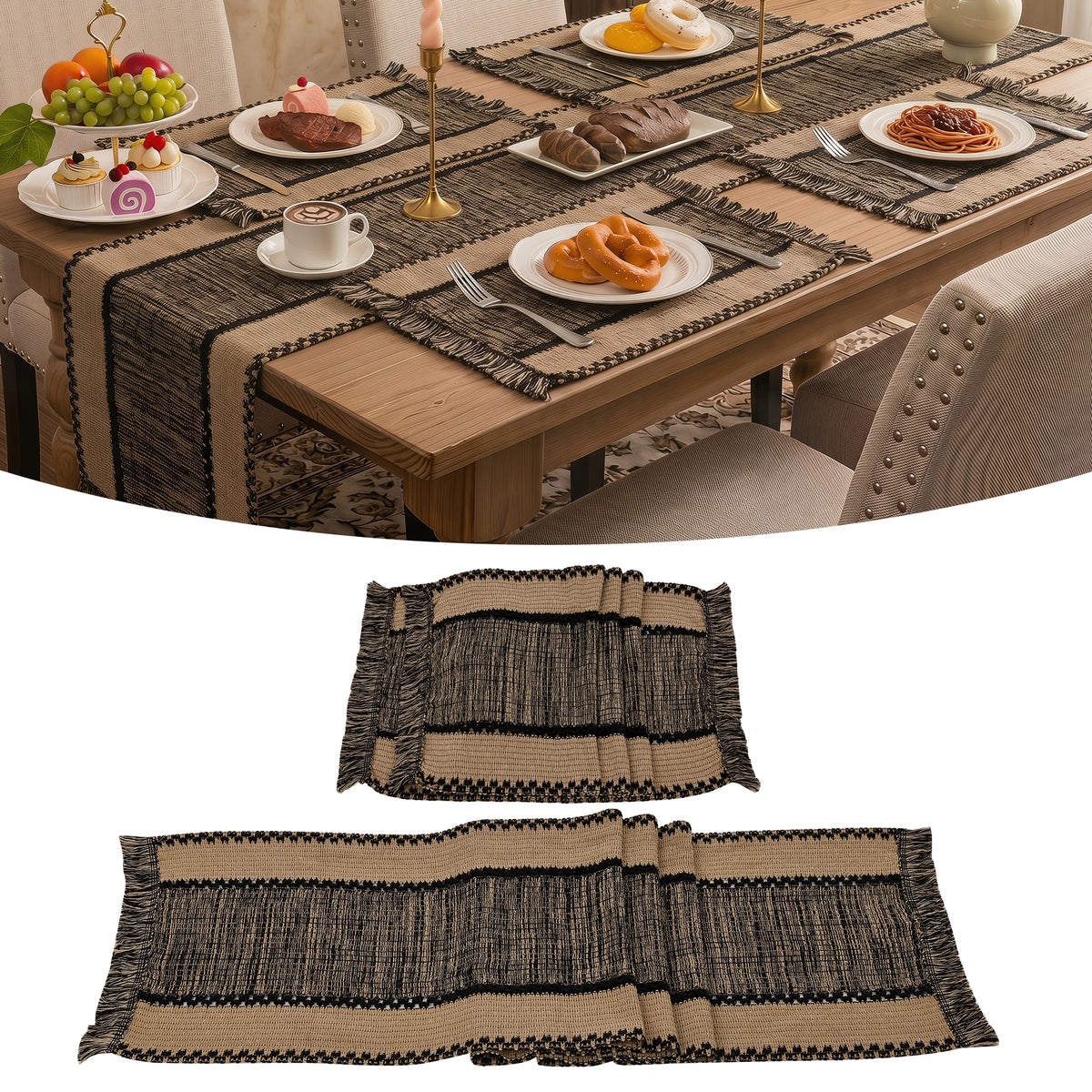 MeyJey 5Pcs Table Runner and Placemats Set, Washable Fabric Rectangle Dining Table Mats with Tassels for Dining Tables, Kitchen, Black/Beige