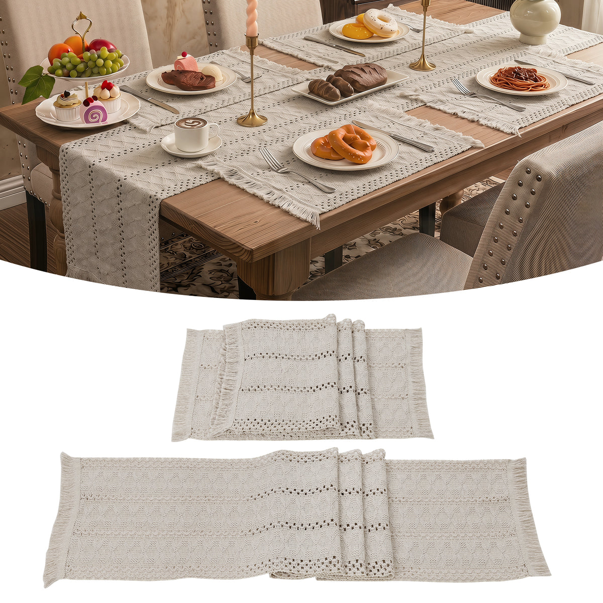 MeyJey 5 Pcs Table Runner and Placemats Set, Washable Fabric Rectangle Dining Table Mats with Tassels for Dining Tables, Kitchen, Beige