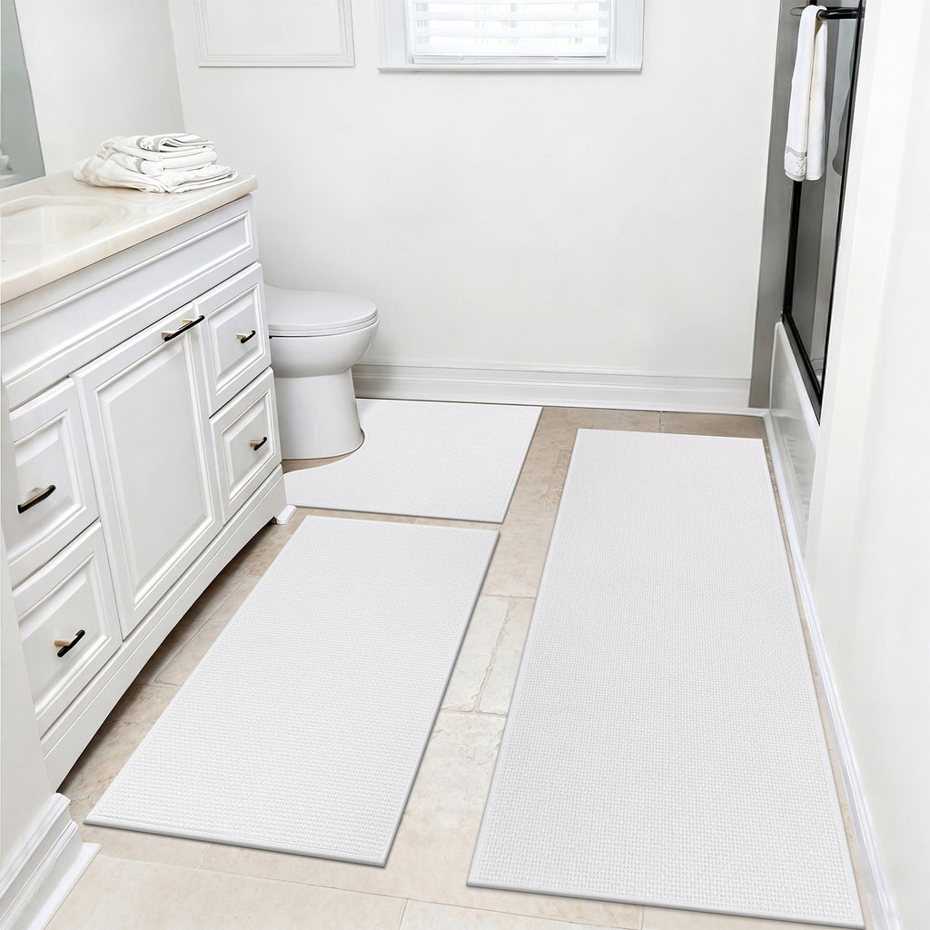 Ileading 3pcs Bathroom Rugs Set with U-Shaped Mat, Non Slip, Soft, Absorbent Bath Mats for Tub, Shower, Toilet 18"x26"+18"x48"+U Shape 20"x24" White