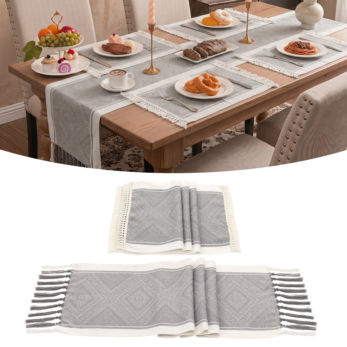 MeyJey 5 Pcs Table Runner and Placemats Set, Washable Fabric Rectangle Dining Table Mats with Tassels for Dining Tables, Kitchen