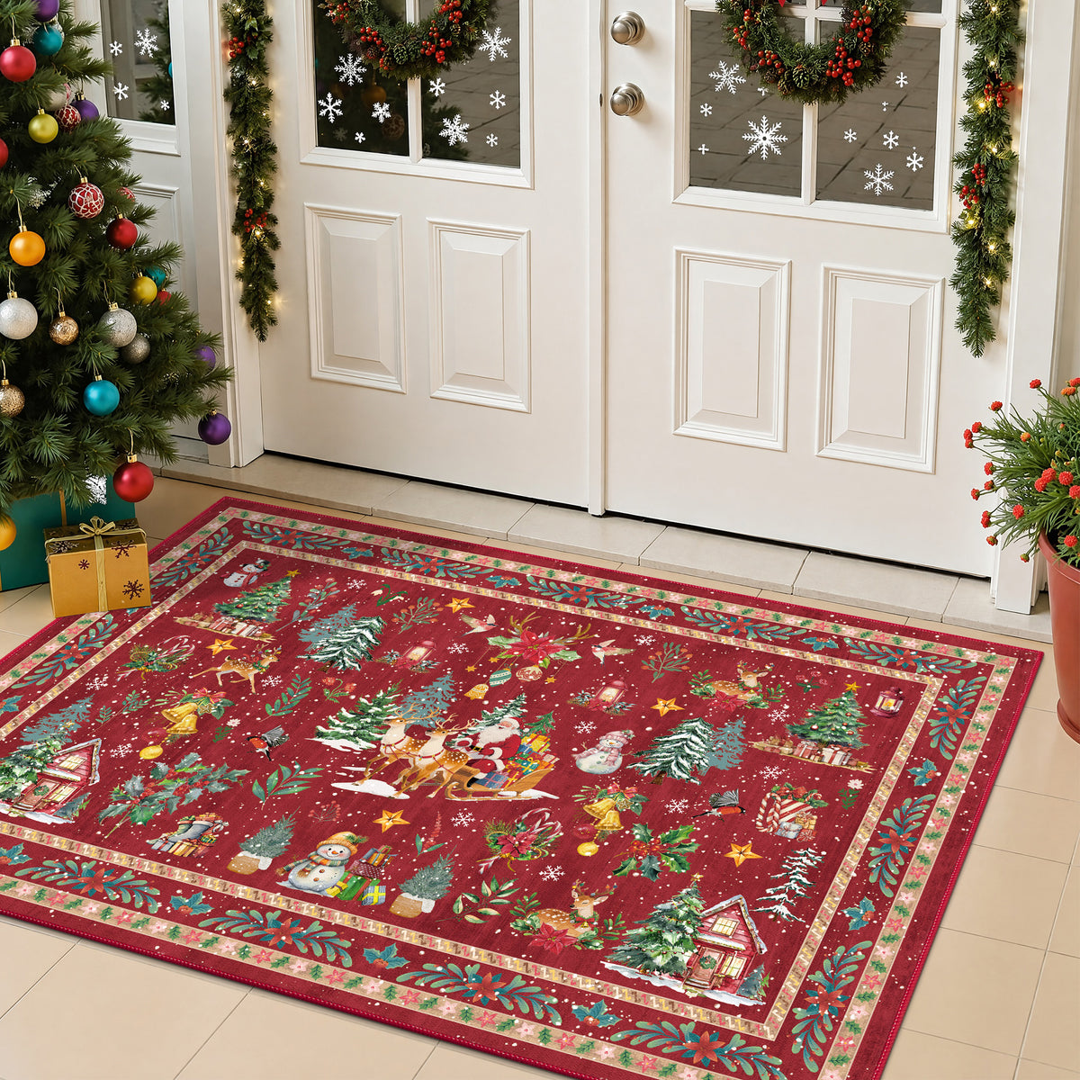 MeyJey 32"x48" Christmas Door Mat, Christmas Snowman Reindeer pattern Doormat, Non Slip Red Front Door Mats for Entryway Indoor Outdoor, Washable Low Profile Floor Carpet for Xmas Holiday Decor