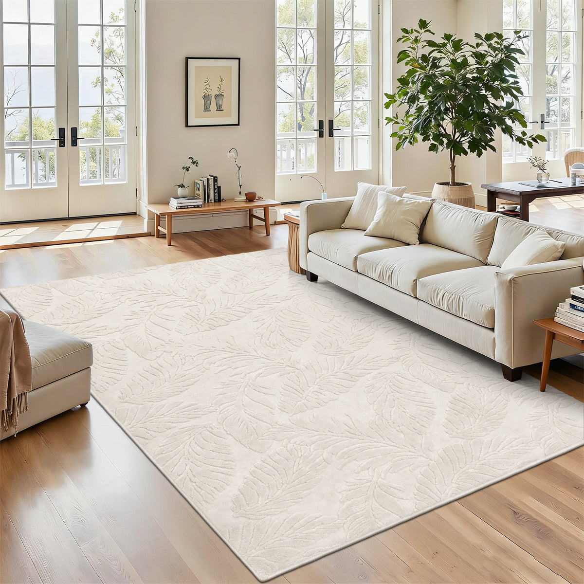 MeyJey Shag Area Rug for Living Machine Washable Rugs for Bedroom Dinning Room Office Decor Non-Slip Soft Carpet, leaf shadow Pattern,Pale Camel