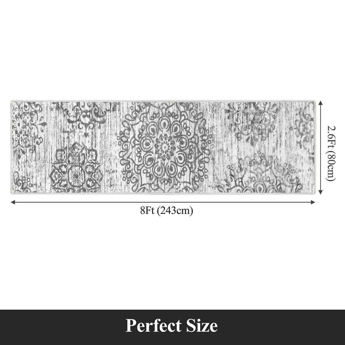 MeyJey Boho Indoor Area Rug Non-Slip Machine Washable Vintage Distressed Floor Carpet for Living Room Bedroom Dining Kitchen Hallway, Light Gray
