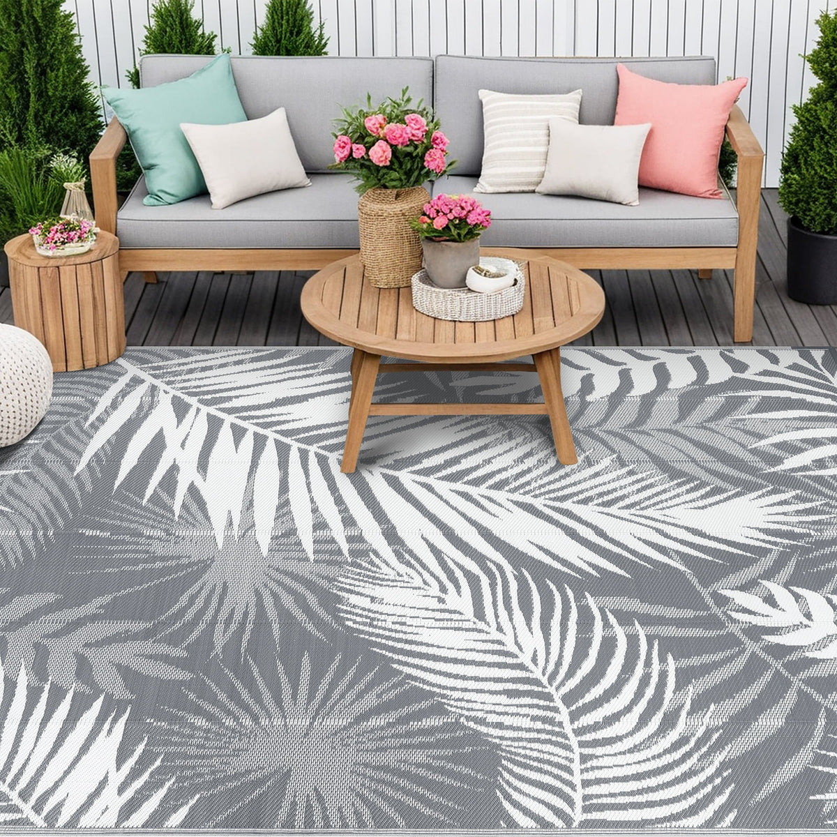 MeyJey Outdoor Rug, Reversible Waterproof Area Rug, Plastic Mat for RV Patio Camping, Gray