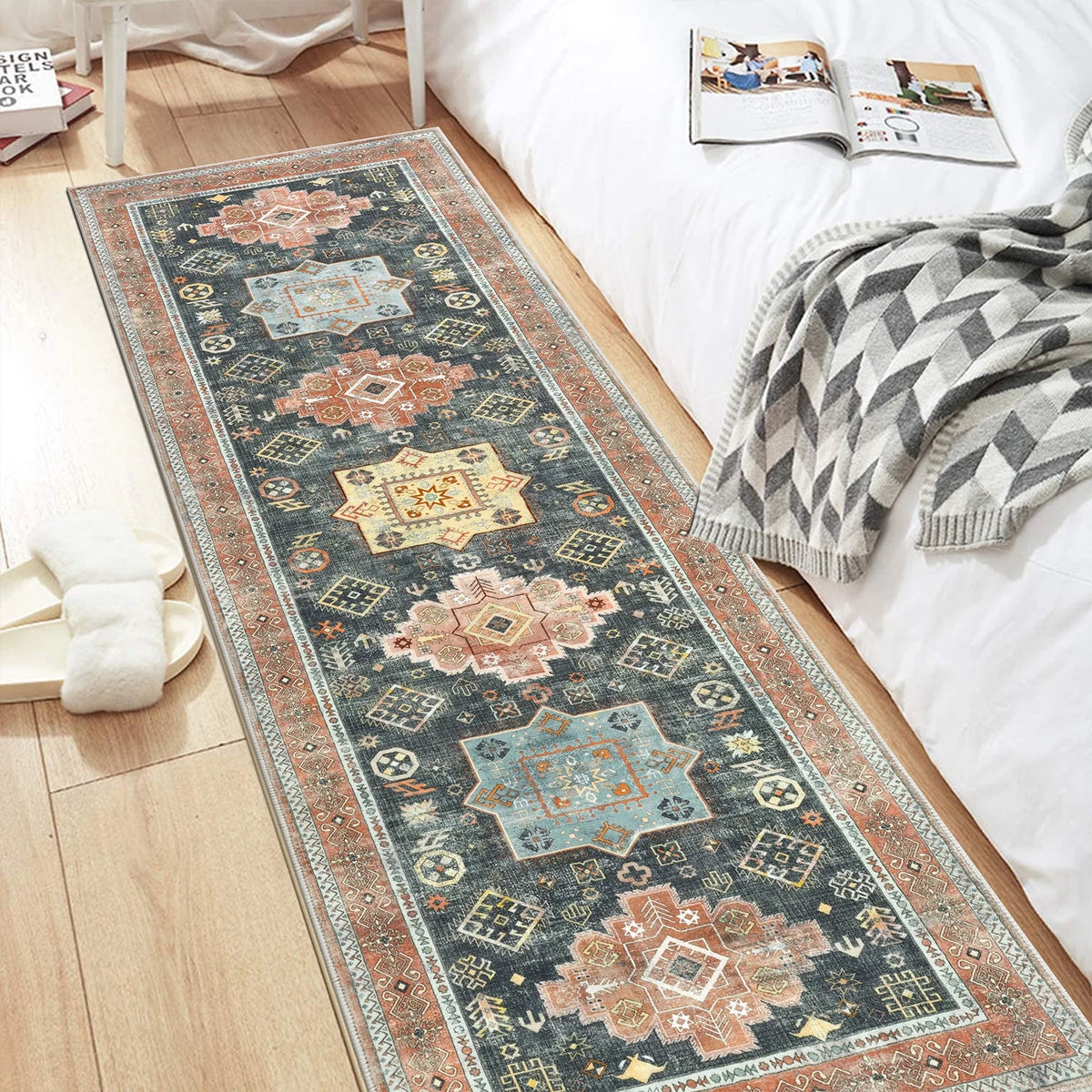 MeyJey 2'x6' Oriental Vintage Runner Rug for Hallways, Non-Slip Machine Washable Area Rug for Bedroom/Living/Dining/Laundry Room Carpet