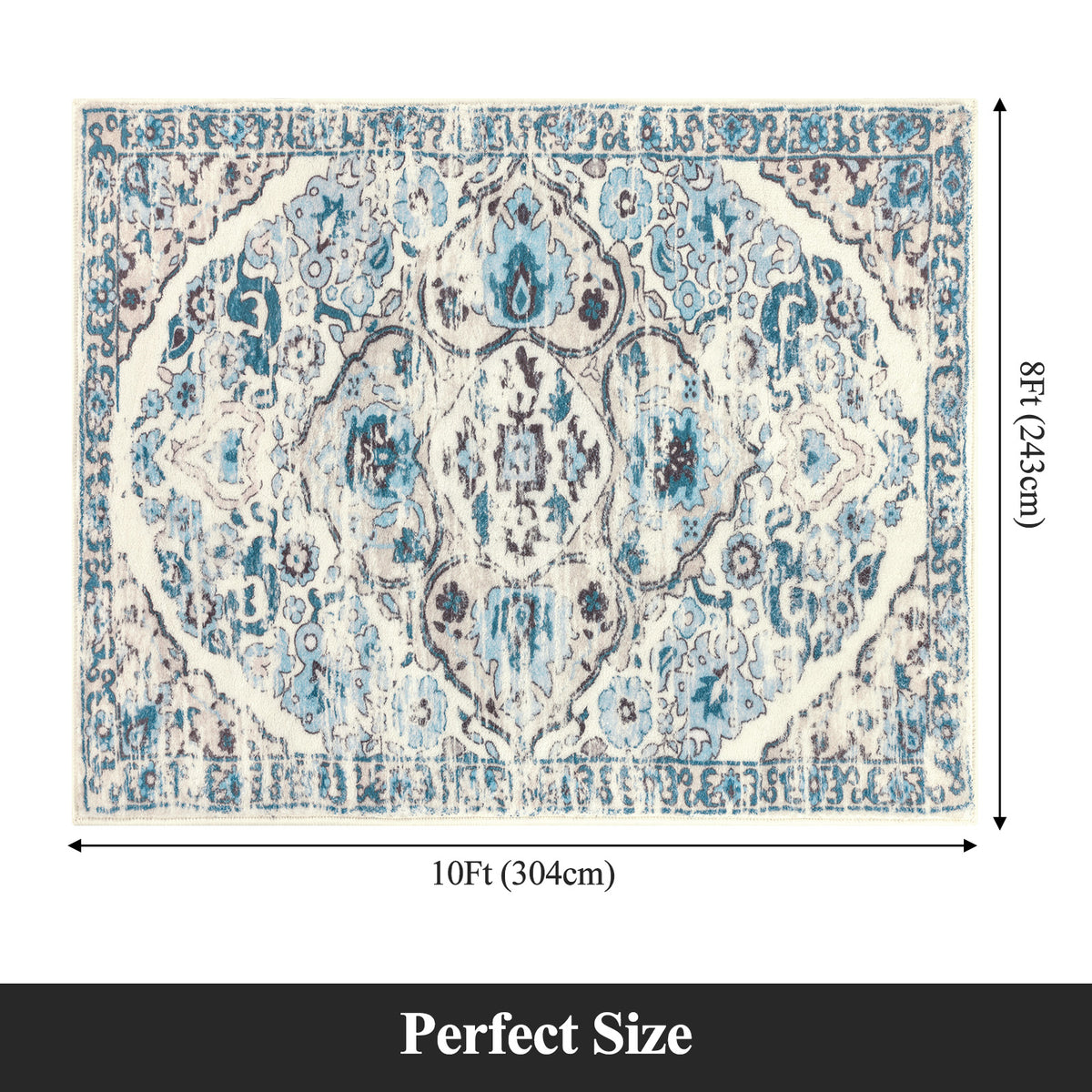 MeyJey Boho Indoor Hallway Runner Rug, Oriental Non Slip Machine Washable Area Rug Distressed Vintage Floor Carpet for Bedroom Kitchen Dinning/Living/Laundry Room, Blue/Beige