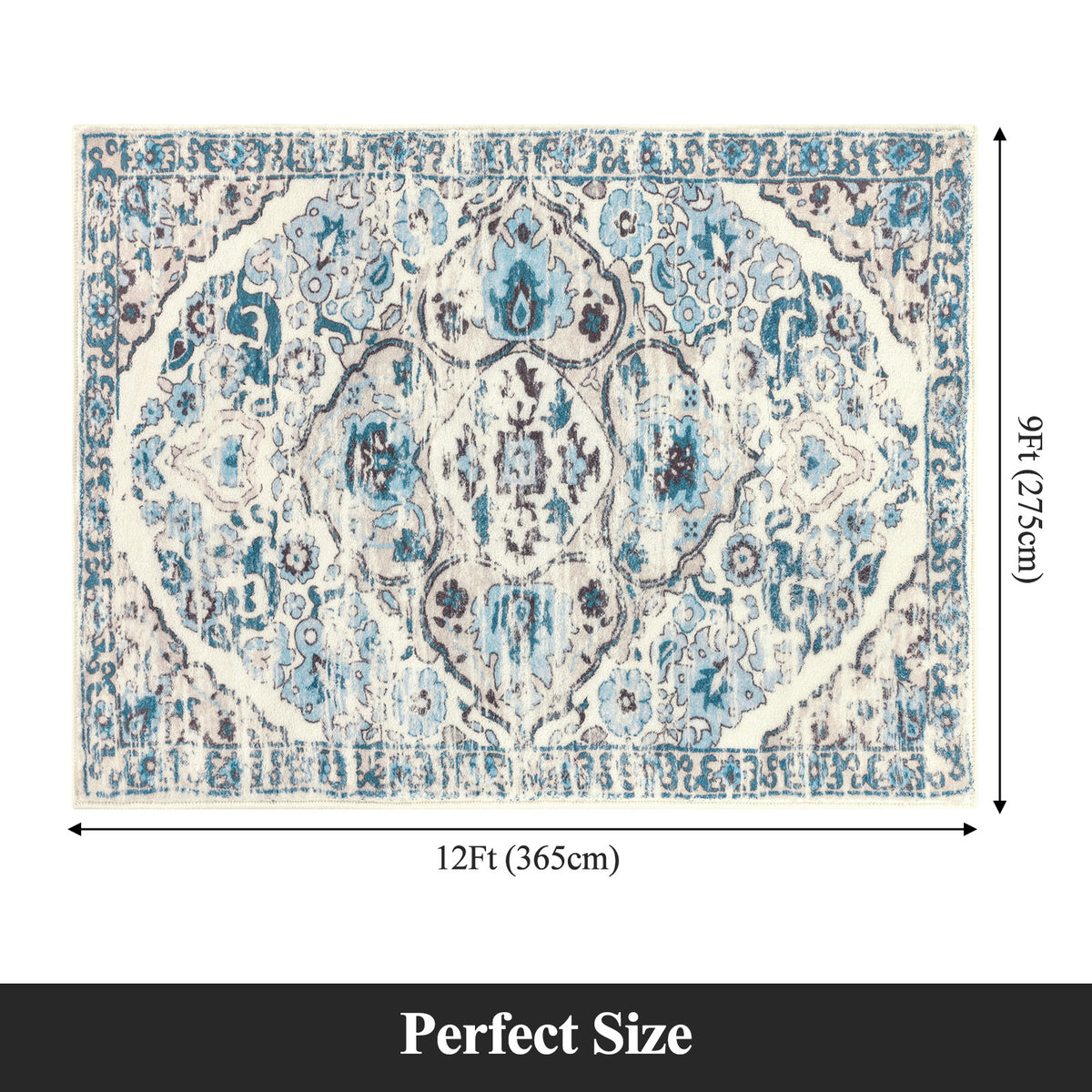 MeyJey Boho Indoor Hallway Runner Rug, Oriental Non Slip Machine Washable Area Rug Distressed Vintage Floor Carpet for Bedroom Kitchen Dinning/Living/Laundry Room, Blue/Beige