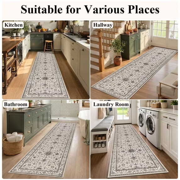 MeyJey Washable Runner Rug for Hallway, Non-slip Kitchen Runner Rug, Vintage Runner Rugs Soft Distressed Carpet for Hallway Bedroom Laundry Entryway