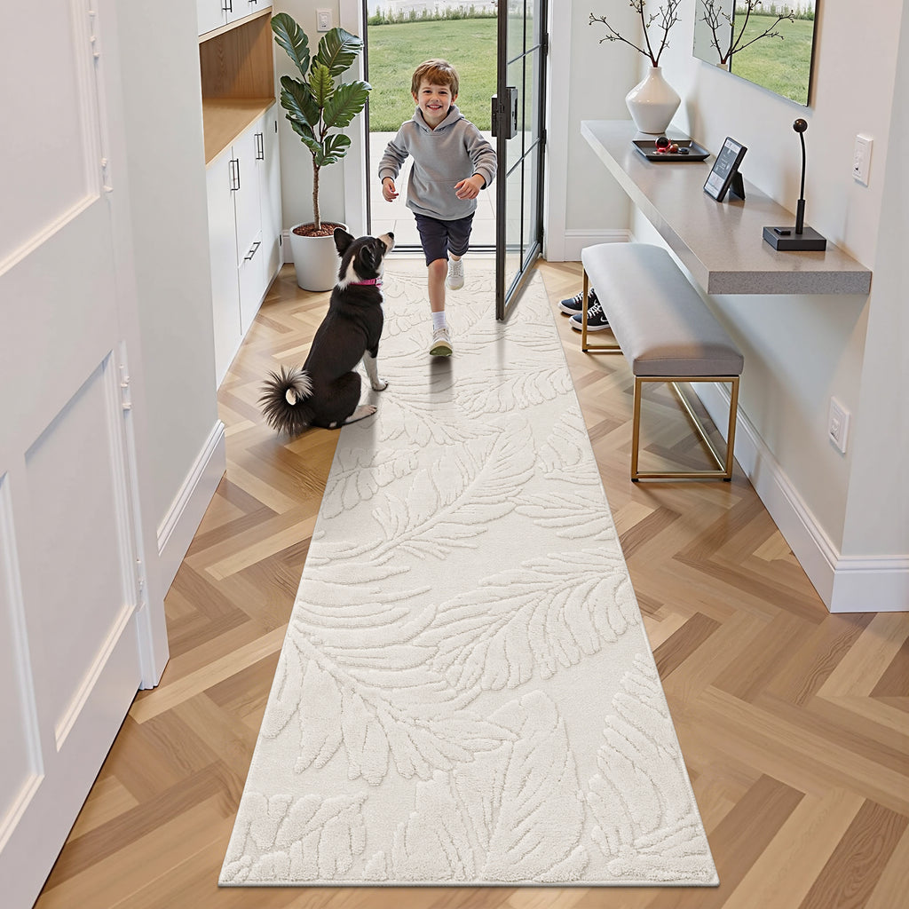 MeyJey Shag Area Rug for Living Machine Washable Rugs for Bedroom Dinning Room Office Decor Non-Slip Soft Carpet, leaf shadow Pattern,Pale Camel