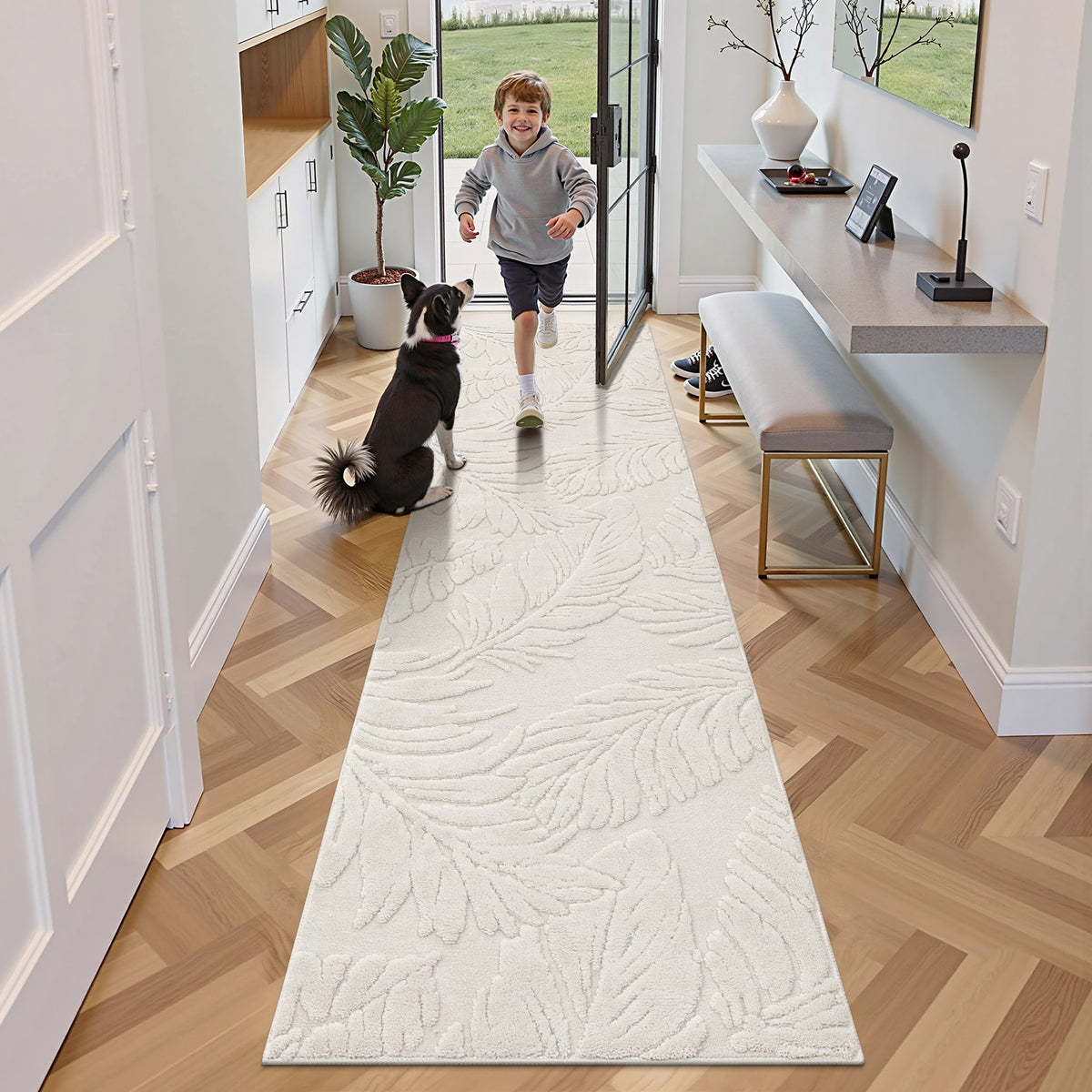 MeyJey Shag Area Rug for Living Machine Washable Rugs for Bedroom Dinning Room Office Decor Non-Slip Soft Carpet, leaf shadow Pattern,Pale Camel