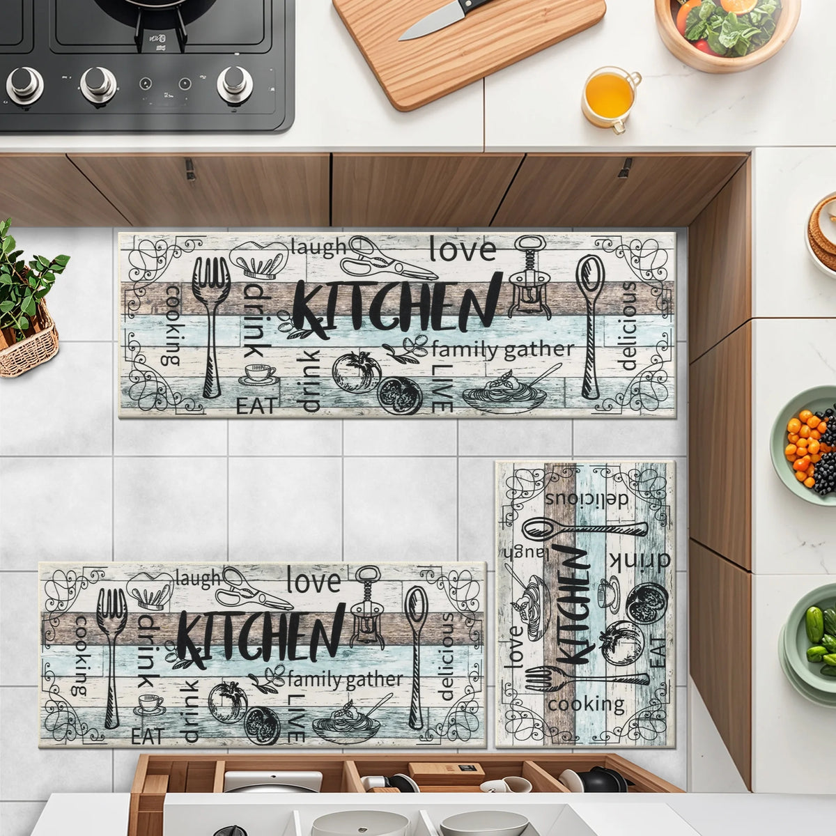 MeyJey Farmhouse Kitchen Rug Set of 3 - Non Slip, Machine Washable Low Pile Floor Mats, Water Repellent Rugs for Kitchen, Dining & Laundry Room