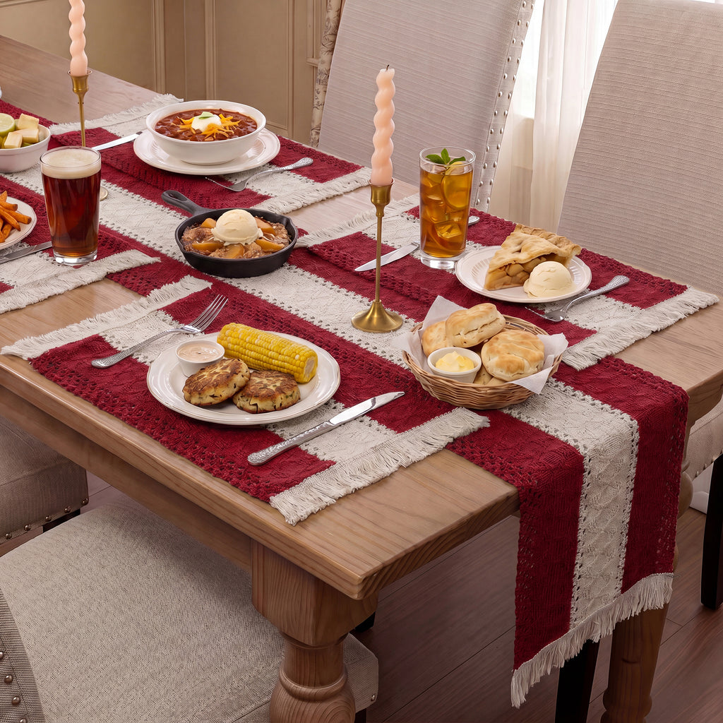 MeyJey 5Pcs Table Runner and Placemats Set, Washable Fabric Rectangle Dining Table Mats with Tassels for Dining Tables, Kitchen, Red
