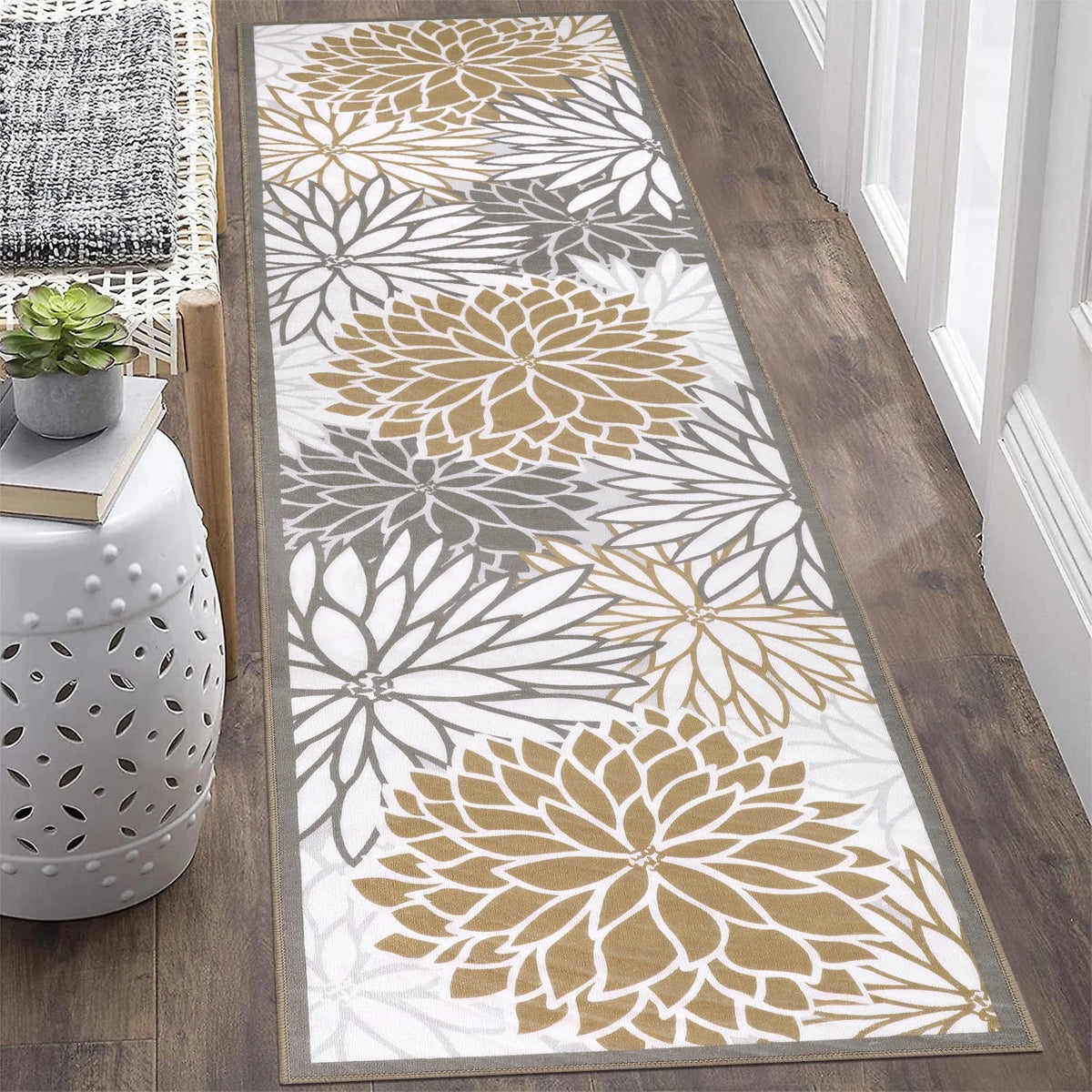 MeyJey Floral Runner Rug for Hallways, Oriental Non Slip Machine Washable Area Rugs Vintage Floor Carpet for Bedroom Kitchen Dinning/Living/Laundry Room