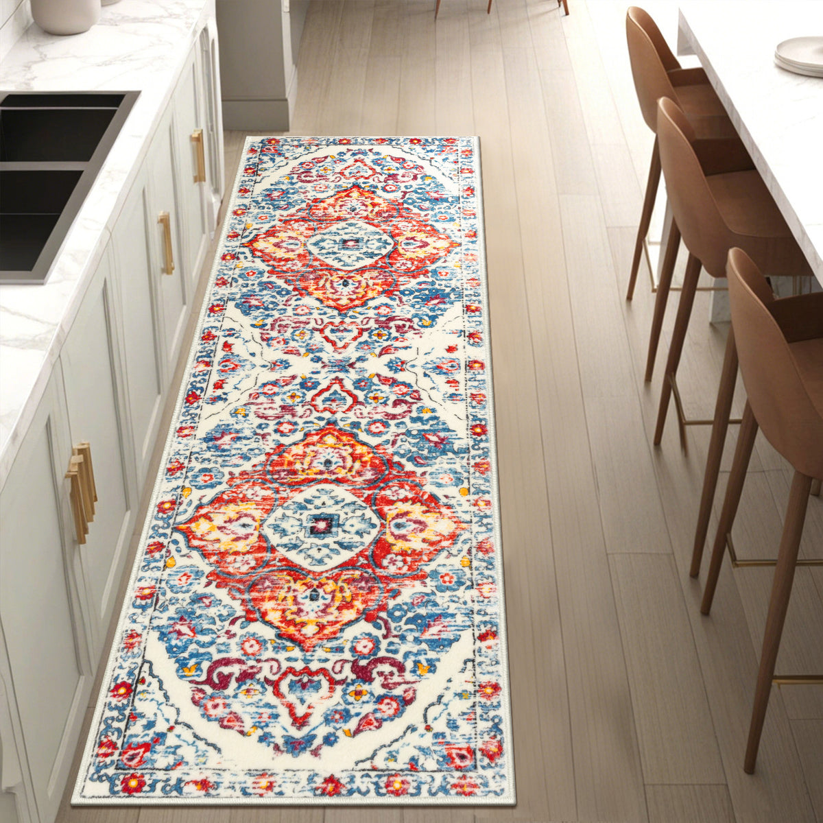 MeyJey Boho Indoor Hallway Runner Rug, Oriental Non Slip Machine Washable Area Rug Distressed Vintage Floor Carpet for Bedroom Kitchen Dinning/Living/Laundry Room, Red/Blue/Beige