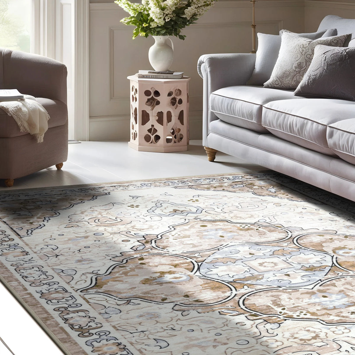 MeyJey Boho Indoor Living Room Area Rug, Non-Slip Machine Washable Vintage Oriental Distressed Floor Carpet for Bedroom Dining Kitchen Hallway Nursery, Beige/Brown