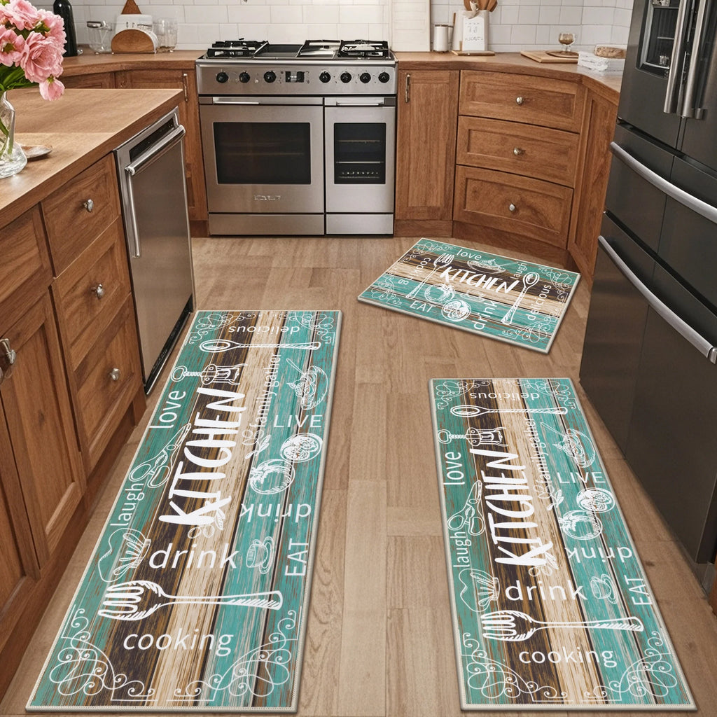 MeyJey Farmhouse Kitchen Rug Set of 3 - Non Slip, Machine Washable Low Pile Floor Mats, Water Repellent Rugs for Kitchen, Dining & Laundry Room