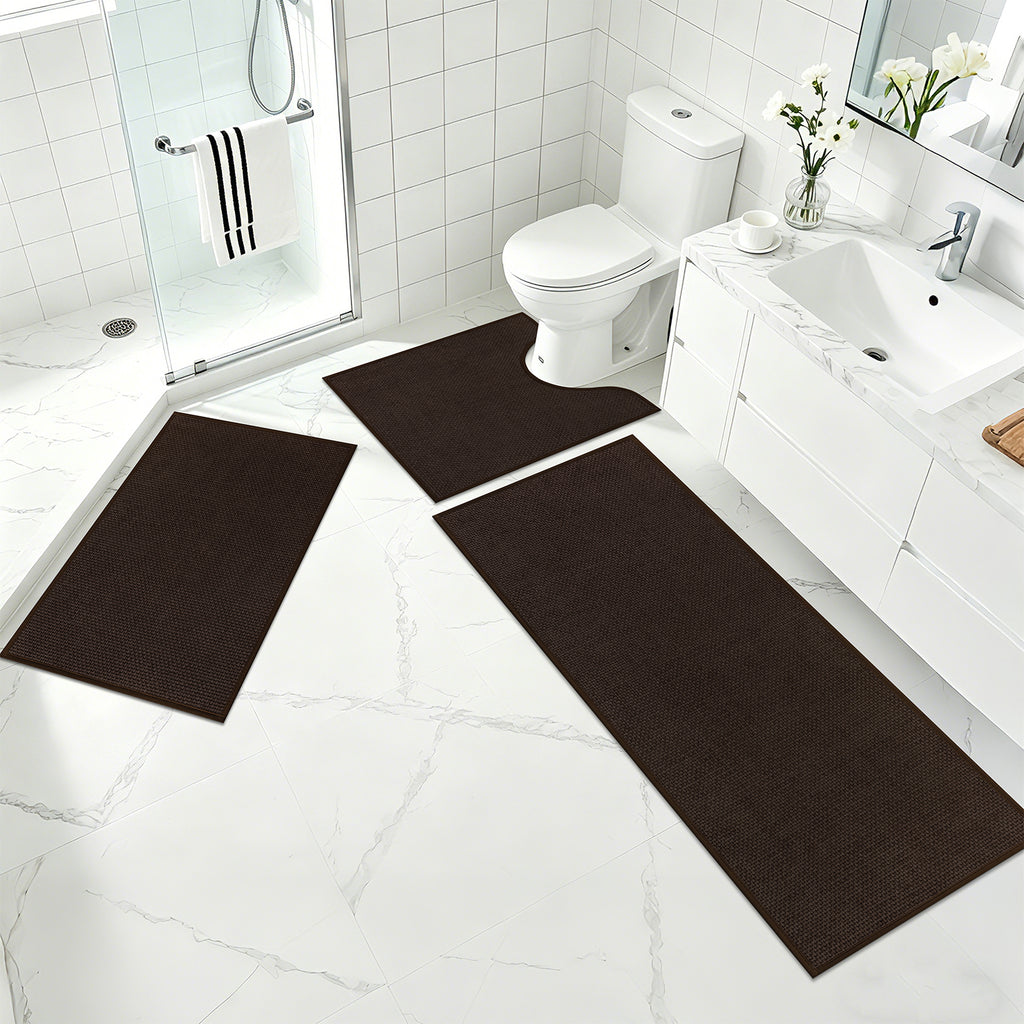 Ileading 3pcs Bathroom Rugs Set with U-Shaped Mat, Non Slip, Soft, Absorbent Bath Mats for Tub, Shower, Toilet 18"x26"+18"x48"+U Shape 20"x24" Brown