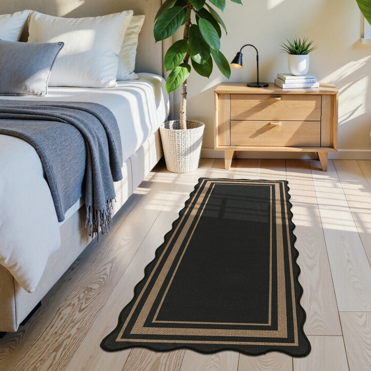 MeyJey 2'x5' Runner Rug for Hallway, Washable Kitchen Rugs Non Slip Solid Tan Jute Scalloped Indoor Carpet for Entryway Laundry Room Floor Mats