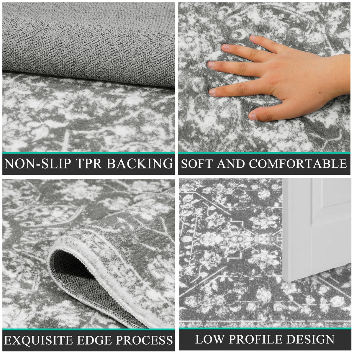 MeyJey Floral Indoor Area Rug 8'x10' Non-Slip Machine Washable Vintage Distressed Floor Carpet for Living Room Bedroom Dining Kitchen Hallway, Gray