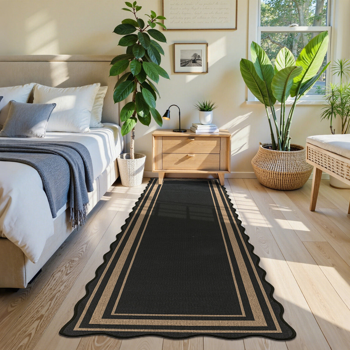 MeyJey 2'x8' Runner Rug for Hallway, Washable Kitchen Rugs Non Slip Solid Tan Jute Scalloped Indoor Carpet for Entryway Laundry Room Floor Mats