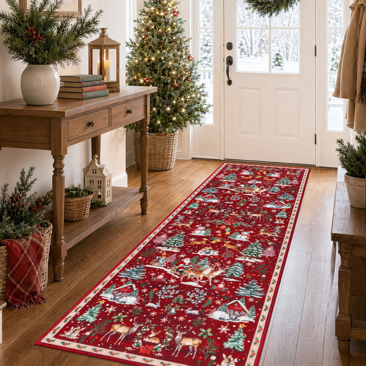 MeyJey 2'x6' Christmas Runner Rug for Hallway , Non Slip Machine Washable Rugs Holiday Decoration Floor Carpet for Bedroom Kitchen Living Room, Red/Green/White