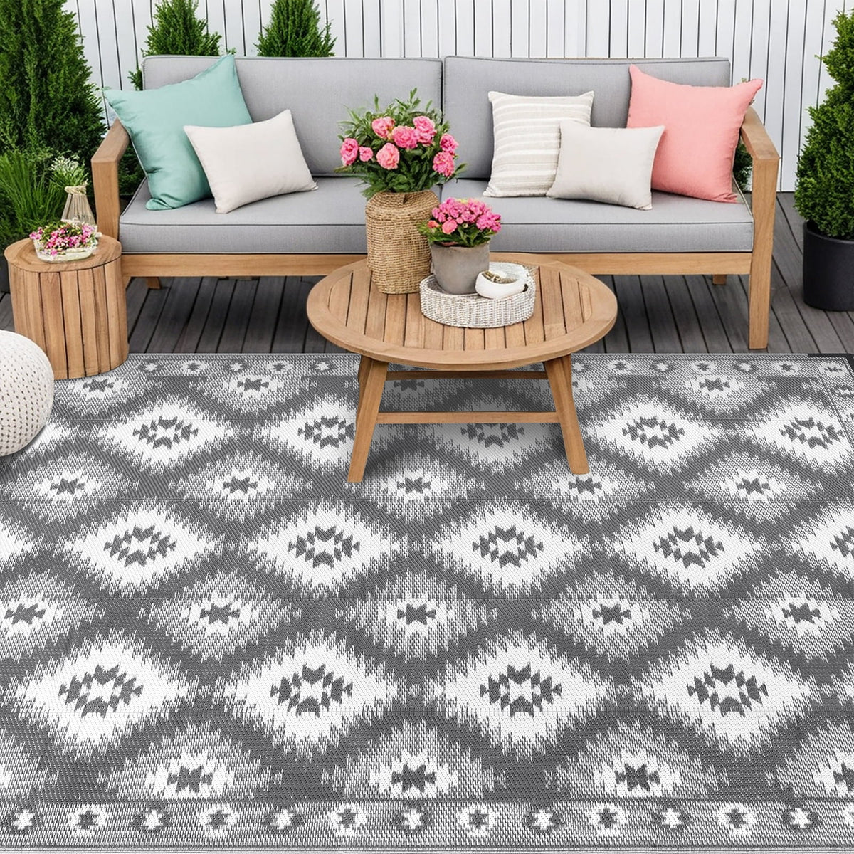 MeyJey Outdoor Rug Reversible Waterproof Oversize Indoor/Outdoor Plastic Mat for RV, Camping, Patio, Gray