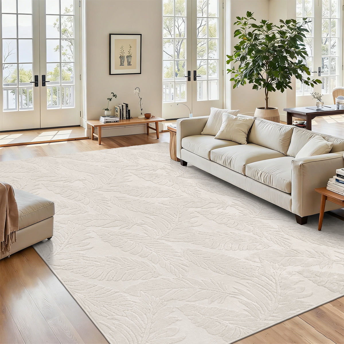 MeyJey Shag Area Rug for Living Machine Washable Rugs for Bedroom Dinning Room Office Decor Non-Slip Soft Carpet, leaf shadow Pattern,Pale Camel
