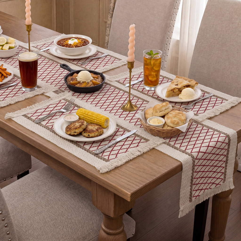 MeyJey 5 Pcs Table Runner and Placemats Set, Washable Fabric Rectangle Dining Table Mats with Tassels for Dining Tables, Kitchen, Red/Beige