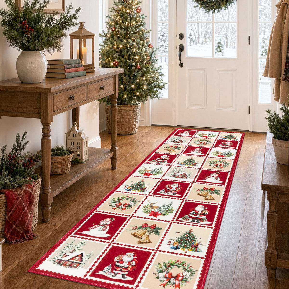 MeyJey 2'x6' Christmas Runner Rug for Hallway , Non Slip Machine Washable Rugs Holiday Decoration Floor Carpet for Bedroom Kitchen Living Room, Red/Green/White