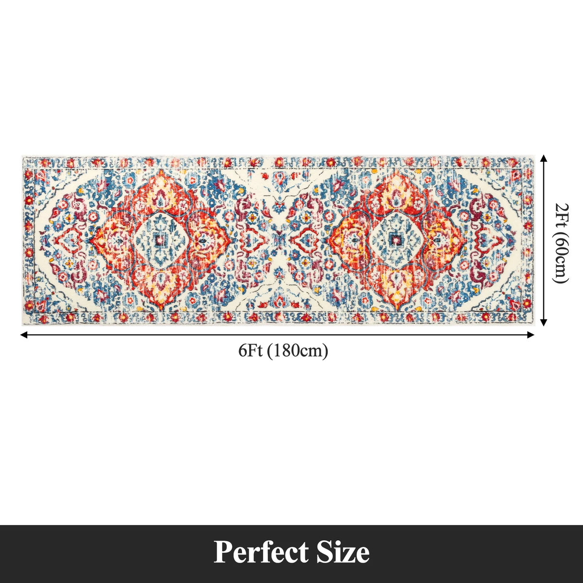 MeyJey Boho Indoor Hallway Runner Rug, Oriental Non Slip Machine Washable Area Rug Distressed Vintage Floor Carpet for Bedroom Kitchen Dinning/Living/Laundry Room, Red/Blue/Beige