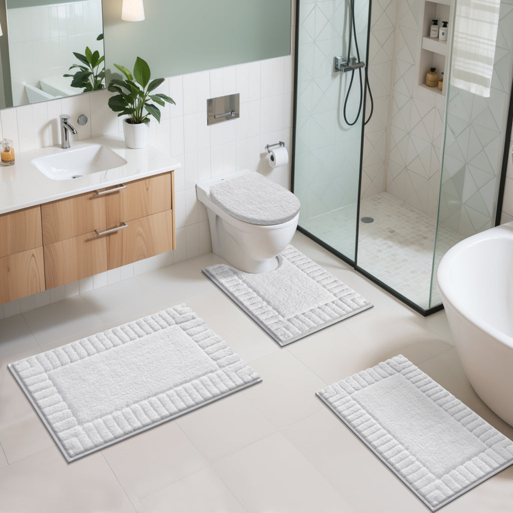 MeyJey Bathroom Rugs Bath Mat Set 4 Pieces , Microfiber Shaggy Bath Set, Non-Slip Machine Washable Bath Mats for Bathroom, Tub, Shower with Contour Mat
