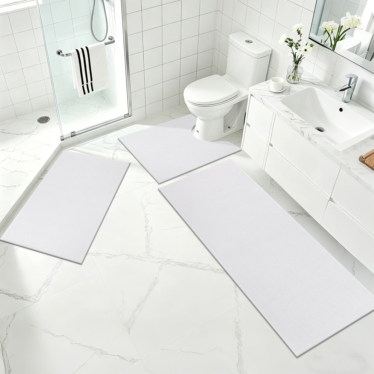Ileading 3pcs Bathroom Rugs Set with U-Shaped Mat, Non Slip, Soft, Absorbent Bath Mats for Tub, Shower, Toilet 18"x26"+18"x48"+U Shape 20"x24" White