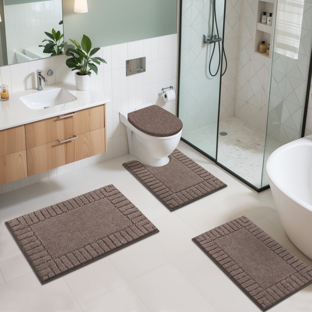 MeyJey Bathroom Rugs Bath Mat Set 4 Pieces , Microfiber Shaggy Bath Set, Non-Slip Machine Washable Bath Mats for Bathroom, Tub, Shower with Contour Mat