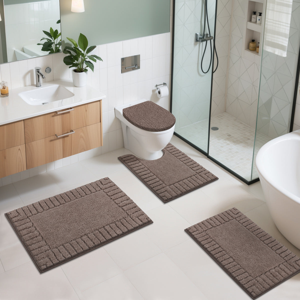 MeyJey Bathroom Rugs Bath Mat Set 4 Pieces , Microfiber Shaggy Bath Set, Non-Slip Machine Washable Bath Mats for Bathroom, Tub, Shower with Contour Mat