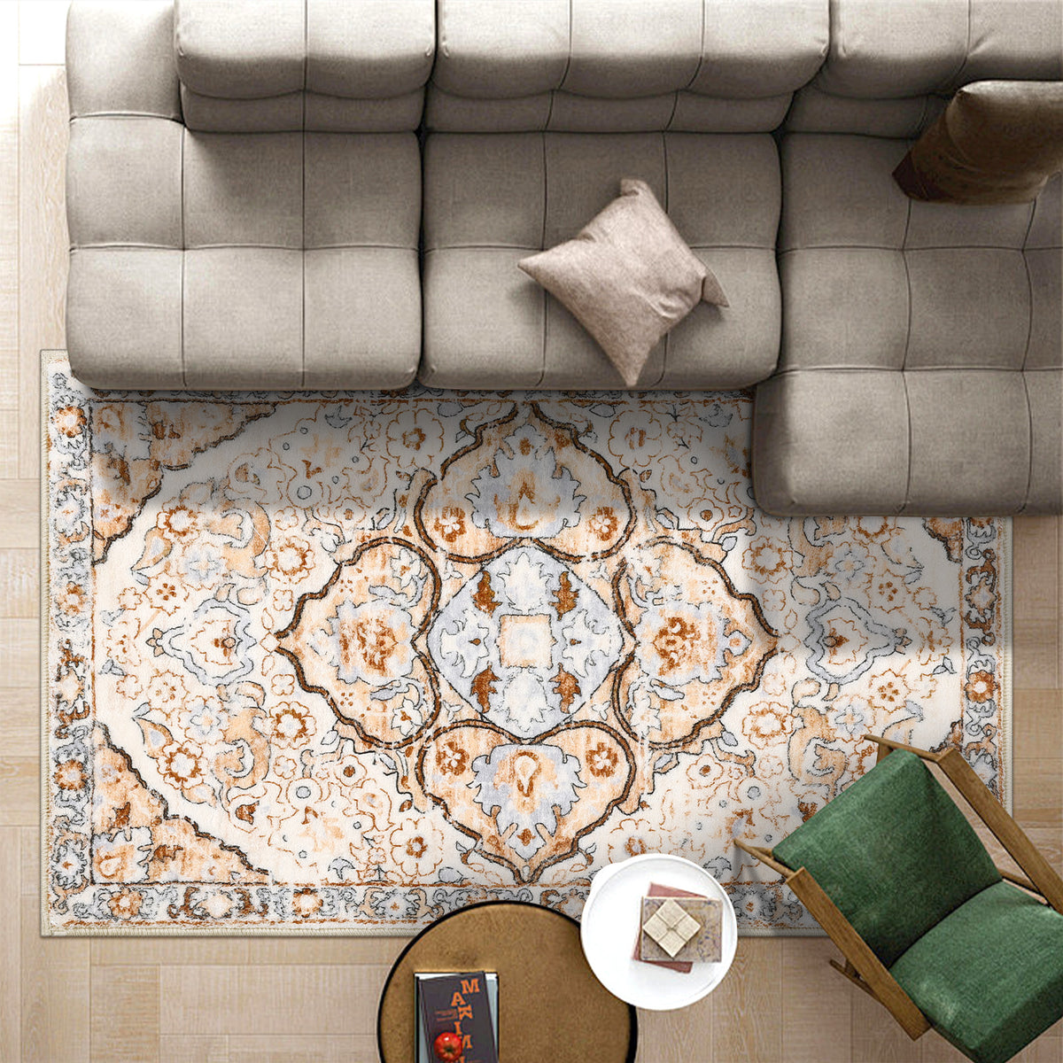 MeyJey Boho Indoor Hallway Runner Rug, Oriental Non Slip Machine Washable Area Rug Distressed Vintage Floor Carpet for Bedroom Kitchen Dinning/Living/Laundry Room, Cream/Orange