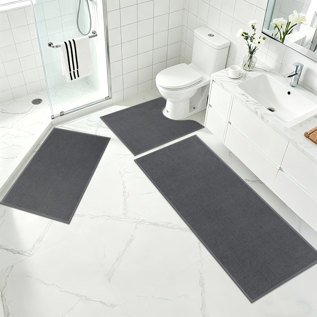Ileading 3pcs Bathroom Rugs Set with U-Shaped Mat, Non Slip, Soft, Absorbent Bath Mats for Tub, Shower, Toilet 18"x26"+18"x48"+U Shape 20"x24" Gray