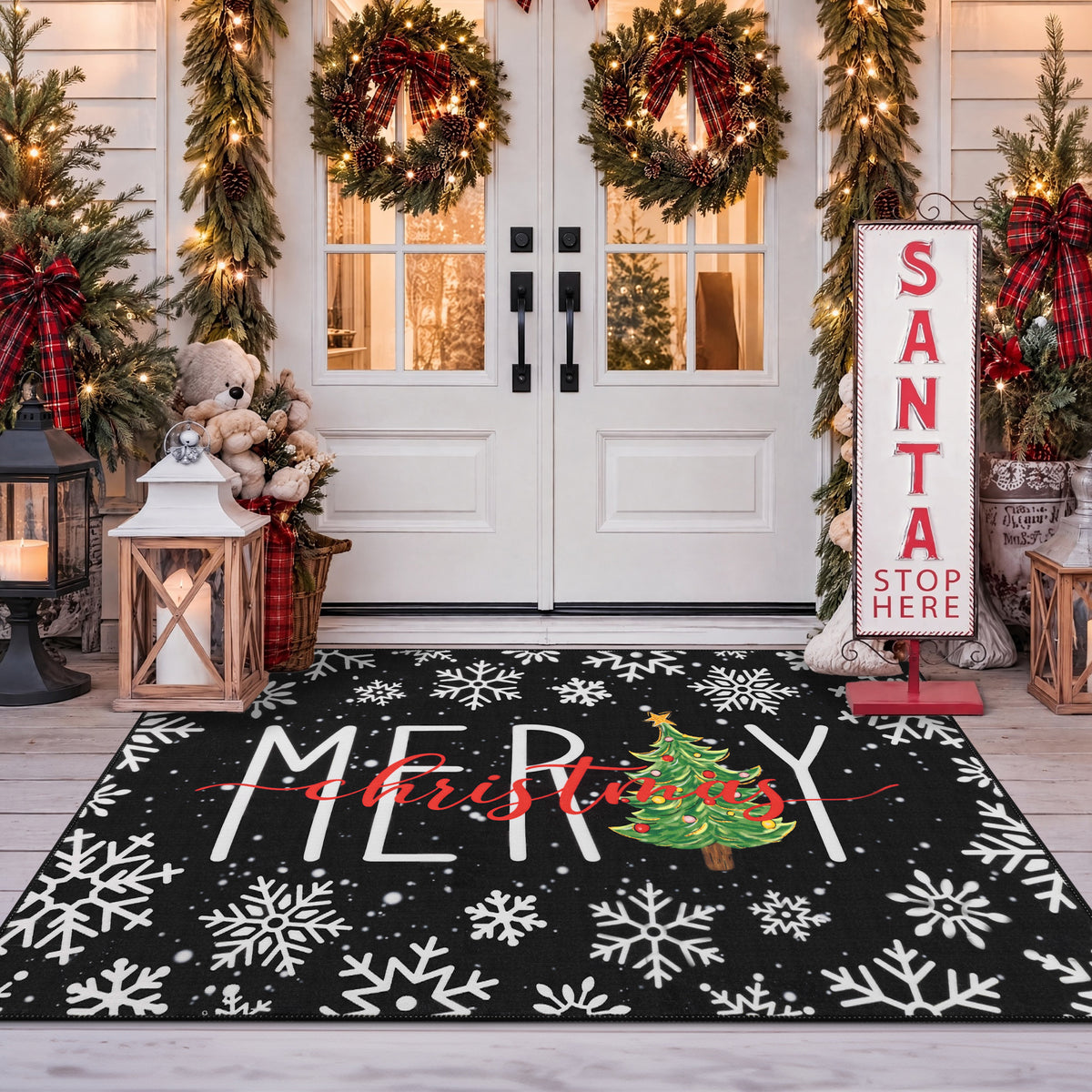 MeyJey 32"x48" Christmas Door Mat, Christmas snowflake pattern Doormat, Non Slip Red Front Door Mats for Entryway Indoor Outdoor, Washable Low Profile Floor Carpet for Xmas Holiday Decor