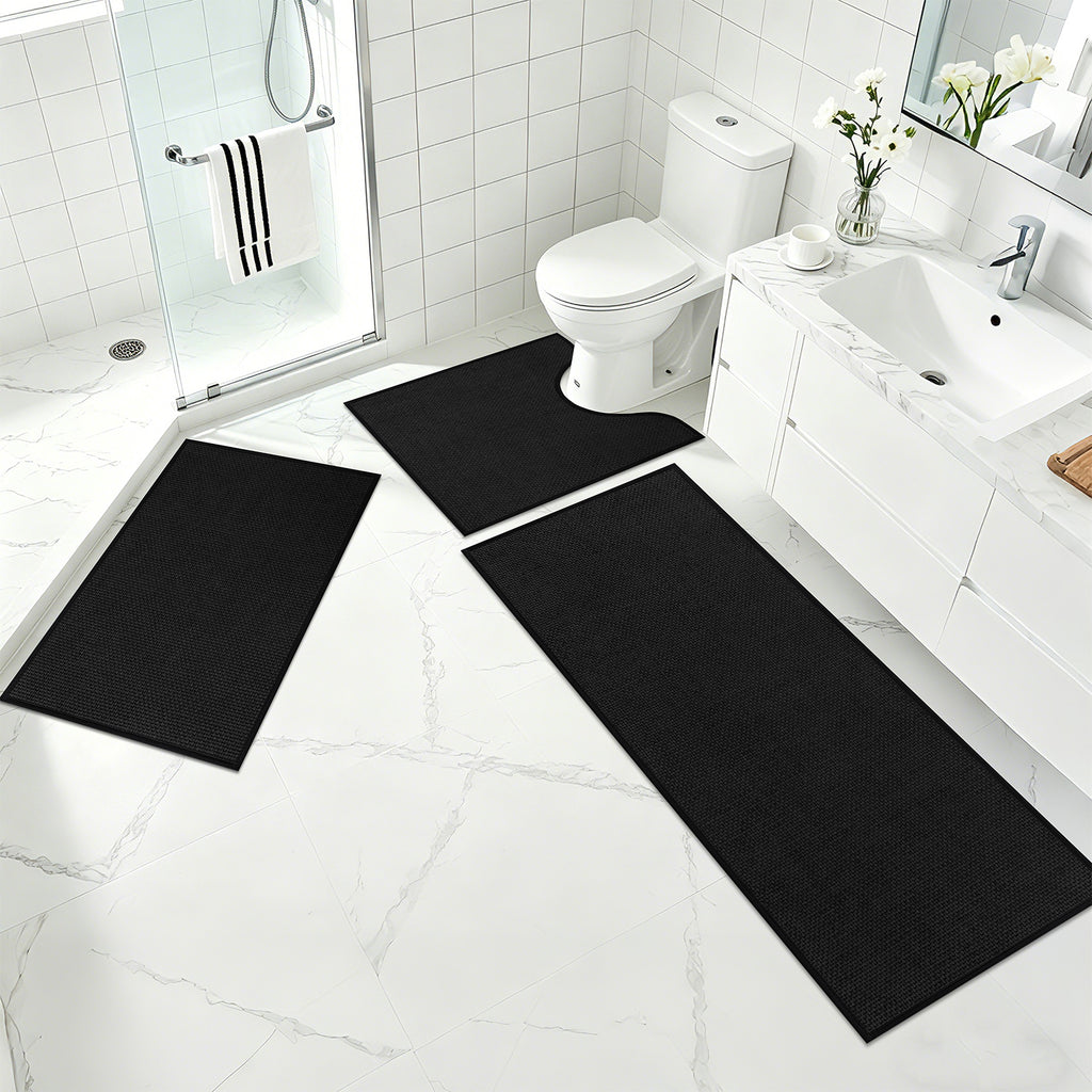 Ileading 3pcs Bathroom Rugs Set with U-Shaped Mat, Non Slip, Soft, Absorbent Bath Mats for Tub, Shower, Toilet 18"x26"+18"x48"+U Shape 20"x24" Black