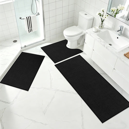 Ileading 3pcs Bathroom Rugs Set with U-Shaped Mat, Non Slip, Soft, Absorbent Bath Mats for Tub, Shower, Toilet 18"x26"+18"x48"+U Shape 20"x24" Black