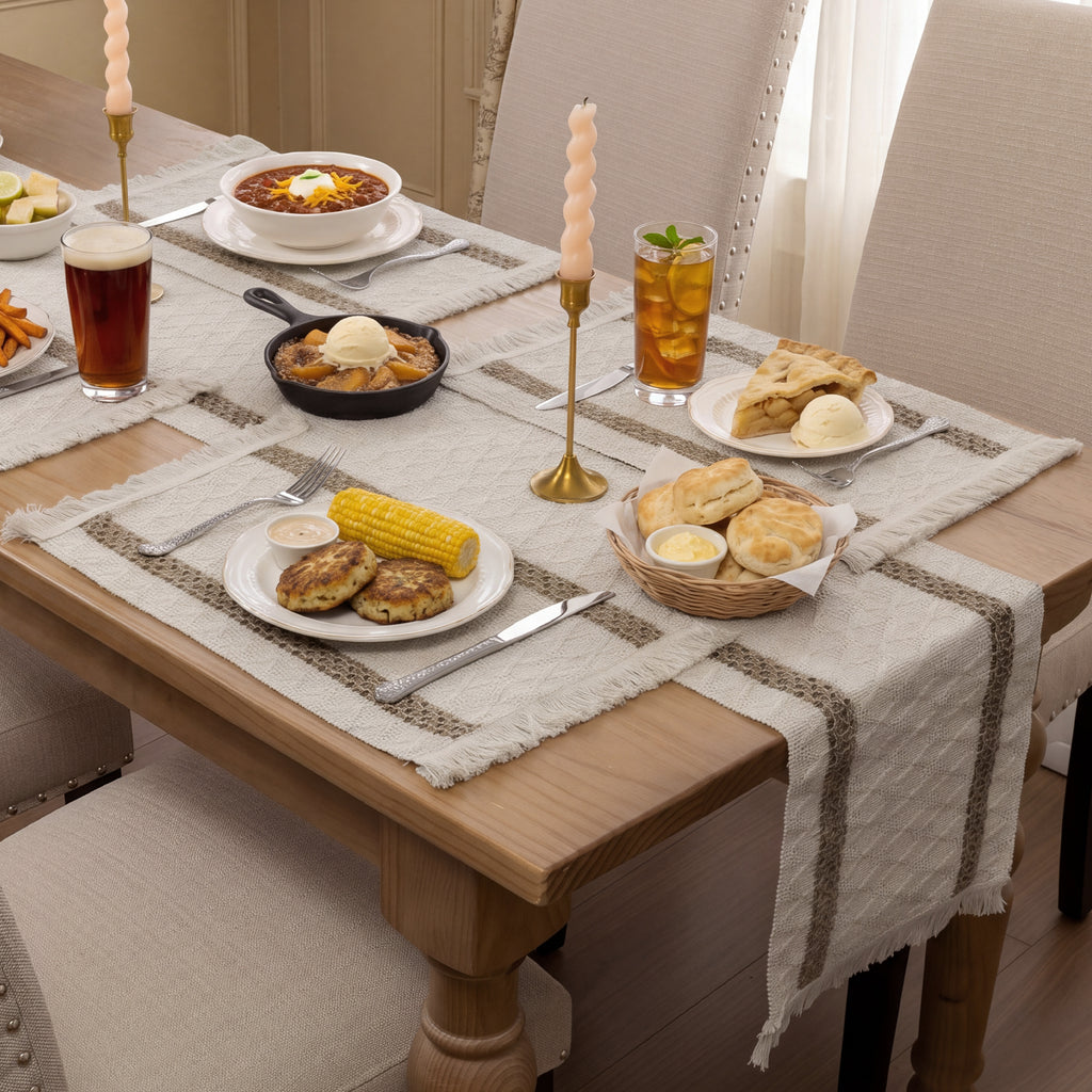 MeyJey 5 Pcs Table Runner and Placemats Set, Washable Fabric Rectangle Dining Table Mats with Tassels for Dining Tables, Kitchen, khaki