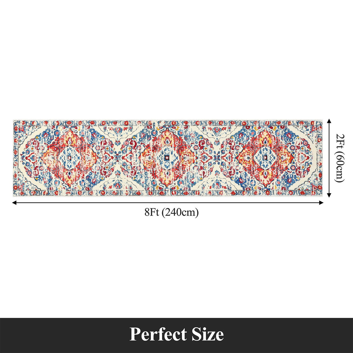 MeyJey Boho Indoor Hallway Runner Rug, Oriental Non Slip Machine Washable Area Rug Distressed Vintage Floor Carpet for Bedroom Kitchen Dinning/Living/Laundry Room, Red/Blue/Beige