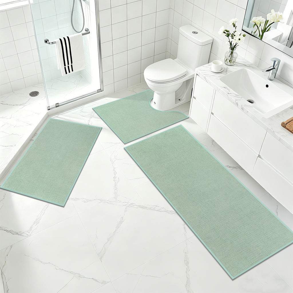 Ileading 3pcs Bathroom Rugs Set with U-Shaped Mat, Non Slip, Soft, Absorbent Bath Mats for Tub, Shower, Toilet 18"x26"+18"x48"+U Shape 20"x24" Green