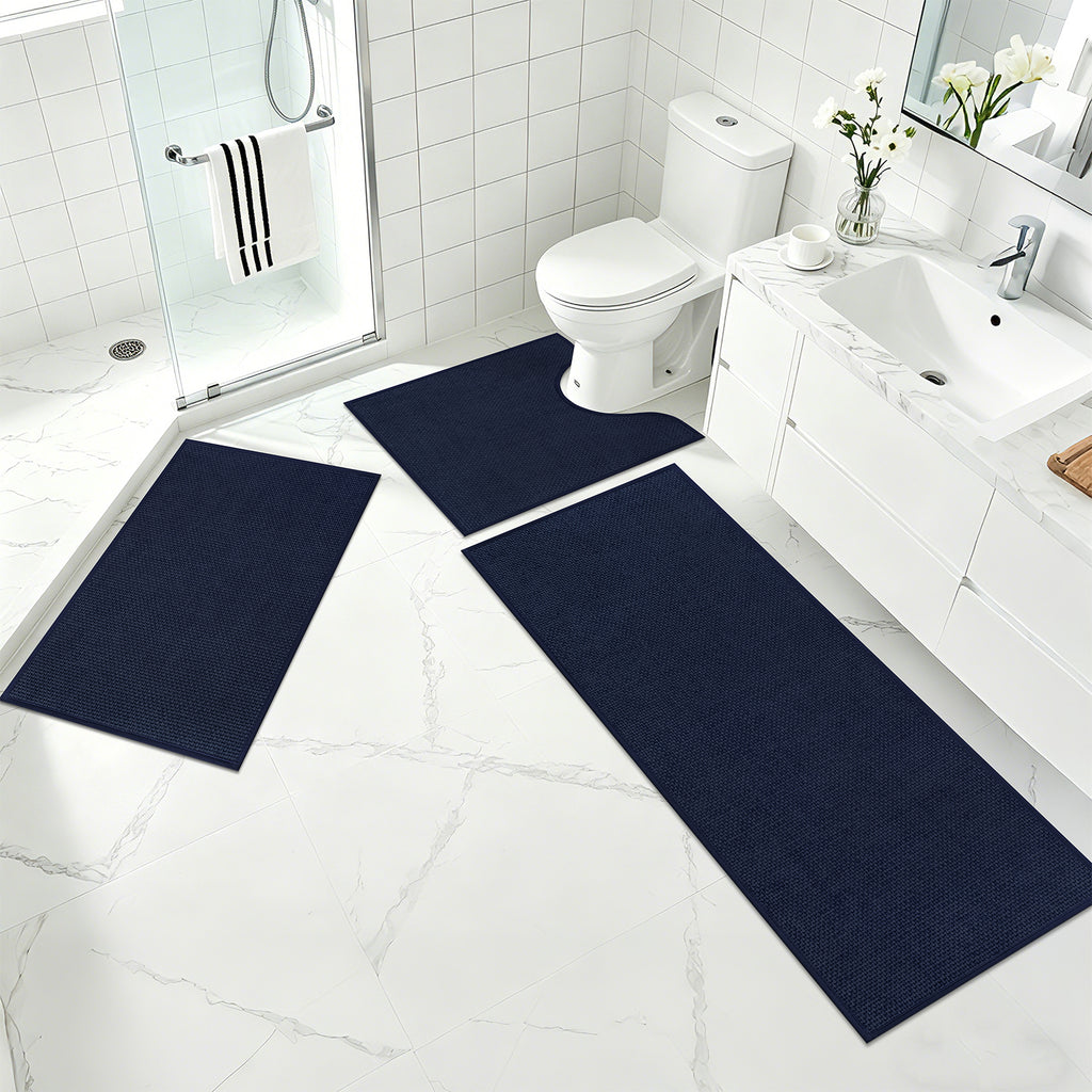 Ileading 3pcs Bathroom Rugs Set with U-Shaped Mat, Non Slip, Soft, Absorbent Bath Mats for Tub, Shower, Toilet 18"x26"+18"x48"+U Shape 20"x24" Blue
