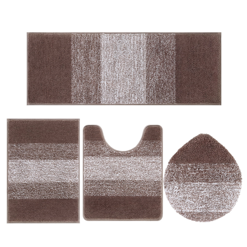MeyJey Striped Microfiber Bath Rug Set Non-Slip, Brown, 4 Count, Machine Washable