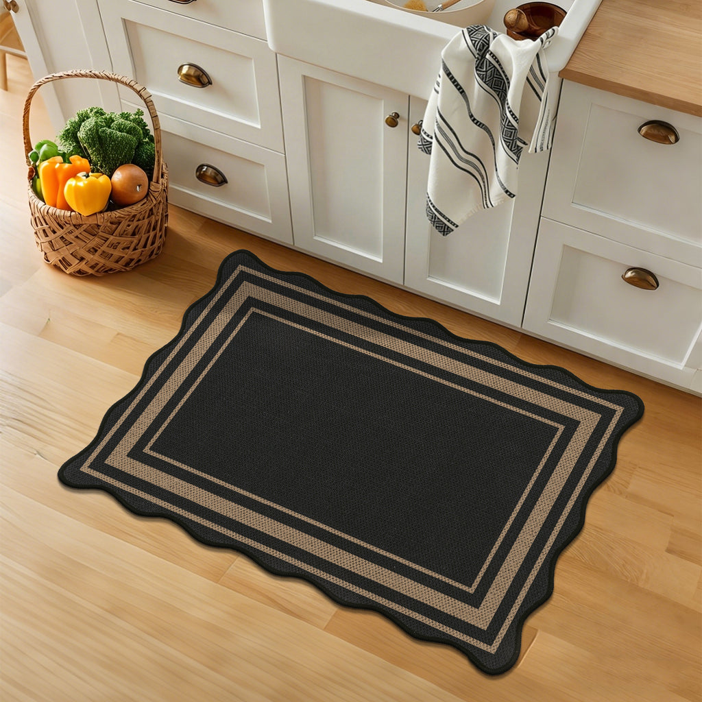 MeyJey Door Mats for Front Door, 24“x36“ Non Slip Solid Tan Jute Scalloped Washable Black Area Rug,Indoor Carpet for Entryway Laundry Room Floor Mats