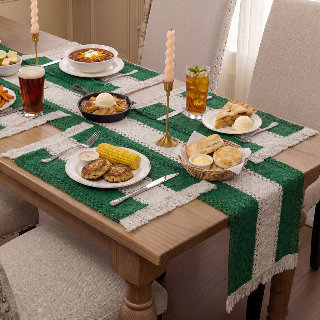 MeyJey 5 Pcs Table Runner and Placemats Set, Washable Fabric Rectangle Dining Table Mats with Tassels for Dining Tables, Kitchen, Green/Beige