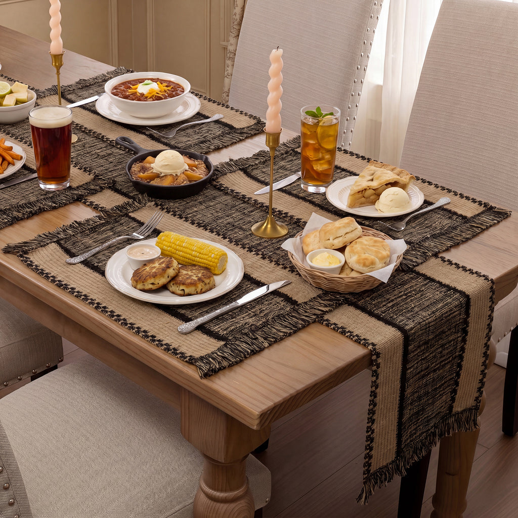 MeyJey 5Pcs Table Runner and Placemats Set, Washable Fabric Rectangle Dining Table Mats with Tassels for Dining Tables, Kitchen, Black/Beige